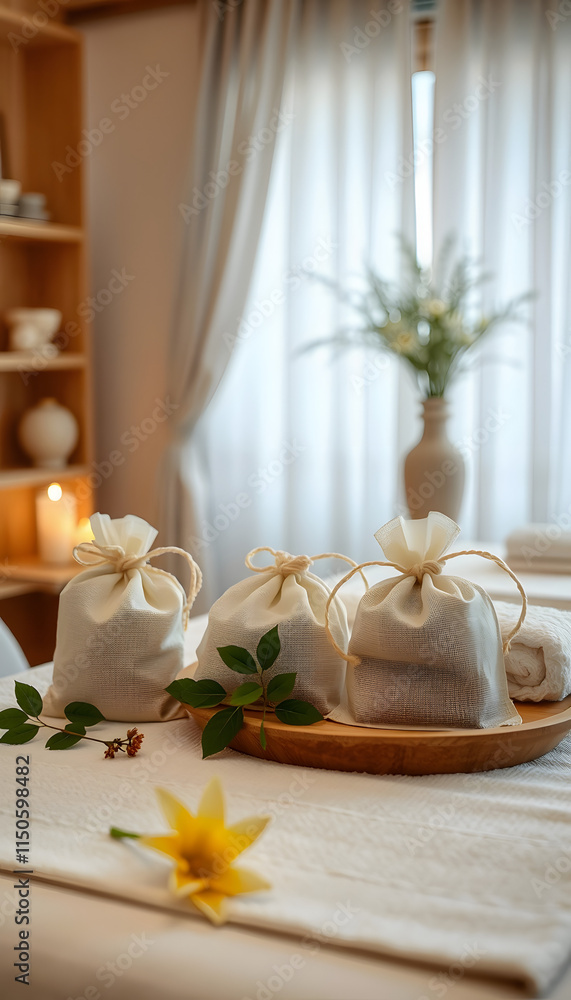 Beautiful spa composition with herbal bags on table in spa salon, smooth light, with white tones Beautiful spa composition with herbal bags on table in spa salon, smooth light, with white tones