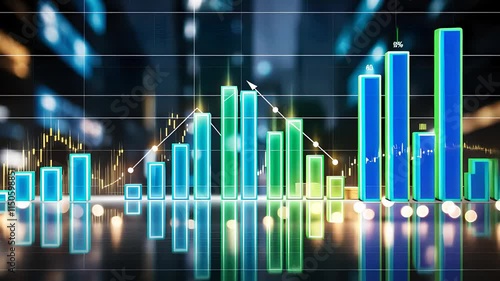 Digital Bar Chart and Line Graph with Bright Blue and Green Highlights on a Transparent Technology-Inspired Background

 photo