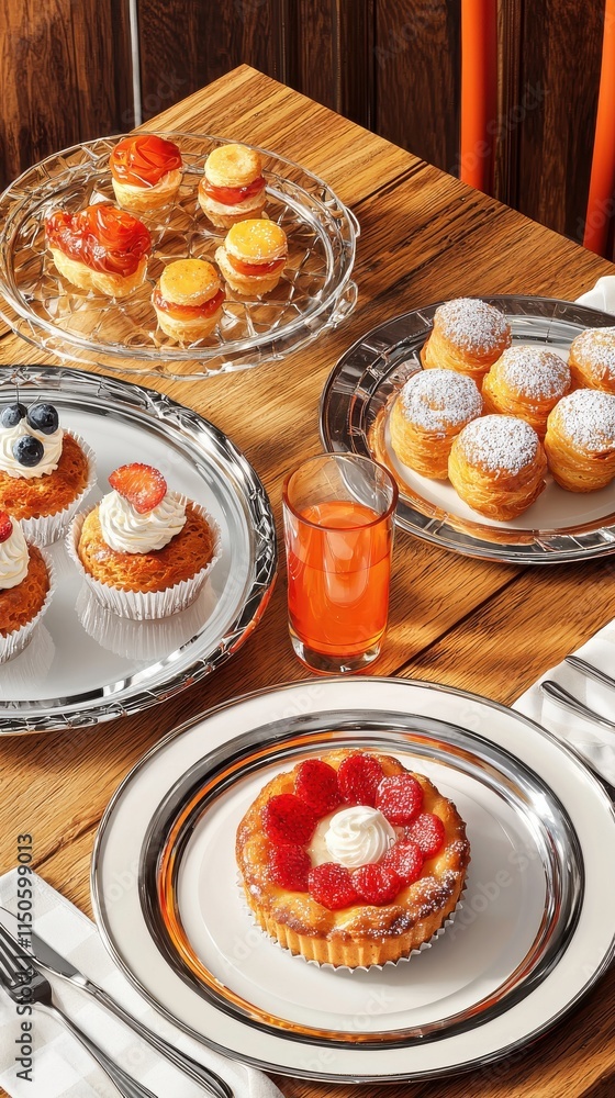 Elegant sunday brunch at art deco table featuring delicious pastries and refreshing drinks in a chic setting Elegant sunday brunch at art deco table featuring delicious pastries and refreshing drinks in a chic setting