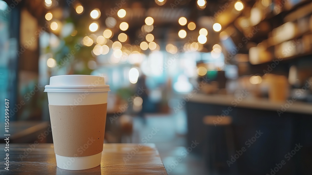 Blurred background of coffee shop with a cup of coffee in the foreground Blurred background of coffee shop with a cup of coffee in the foreground