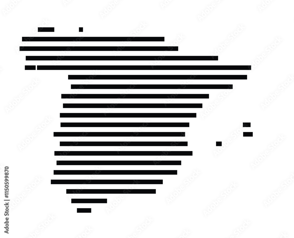 Abstract map of Spain showing the country with horizontal black lines Abstract map of Spain showing the country with horizontal black lines