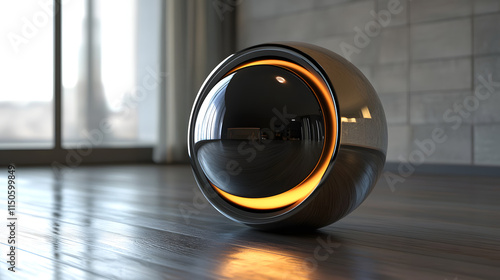 A futuristic speaker shaped like a floating glowing orb within a metallic frame. photo