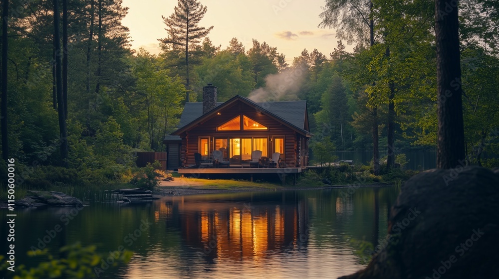 Fototapeta premium Cozy Wooden Cabin Nestled Among Lush Green Trees by Tranquil Lake at Sunset