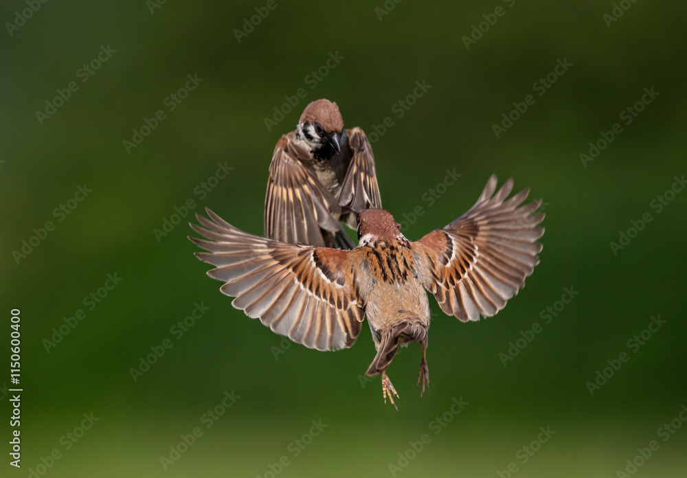Fototapeta premium battle of birds sparrows spreading wings in flight in summer garden