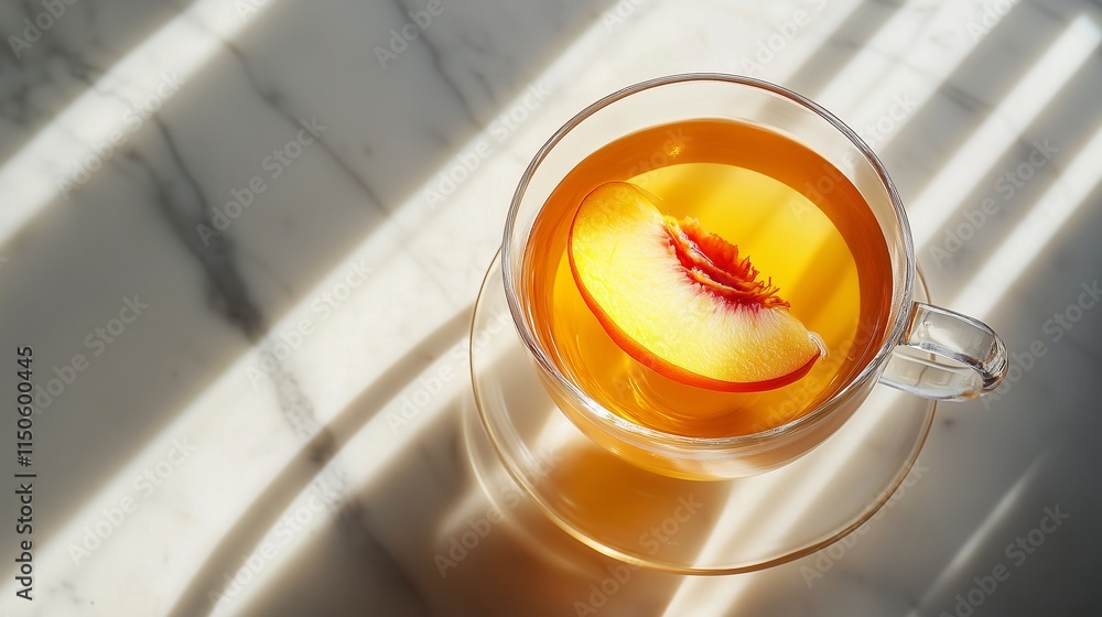 Minimalist composition of a clear glass cup of peach tea Minimalist composition of a clear glass cup of peach tea