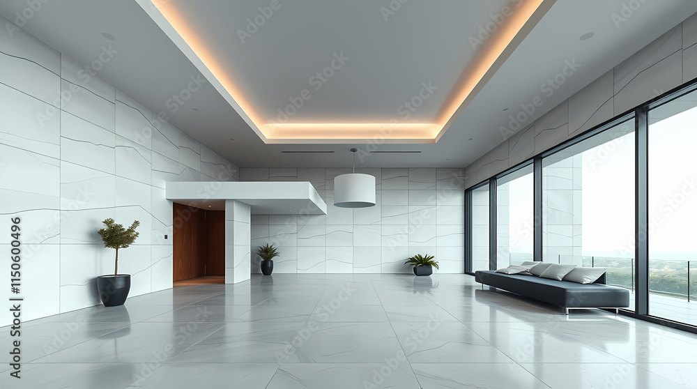 Fototapeta premium Modern minimalist interior with gray walls, polished floor, large windows offering an exterior view, and recessed lighting. Minimal furniture includes a low couch and potted plants.