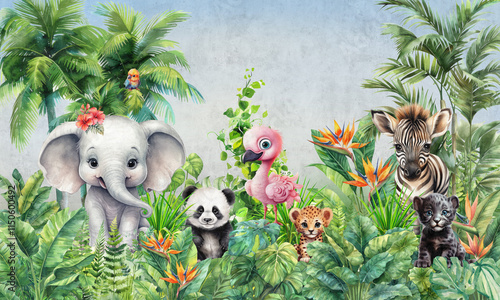 Fototapeta Naklejka Na Ścianę i Meble -  Watercolor Mural wallpaper. Wallpapers for kids.
Wallpaper for children's room with baby cute
animals. 