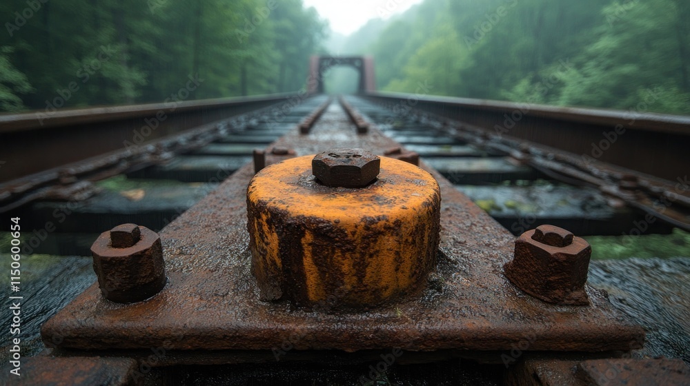Rusty railway track details on bridge, forest background. Rusty railway track details on bridge, forest background.
