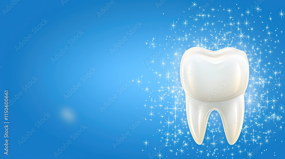 Bright, shiny tooth illustration with sparkling effects on blue background Bright, shiny tooth illustration with sparkling effects on blue background