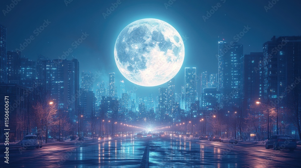 Obraz premium A vibrant cityscape illuminated by a large, glowing moon over a quiet street.