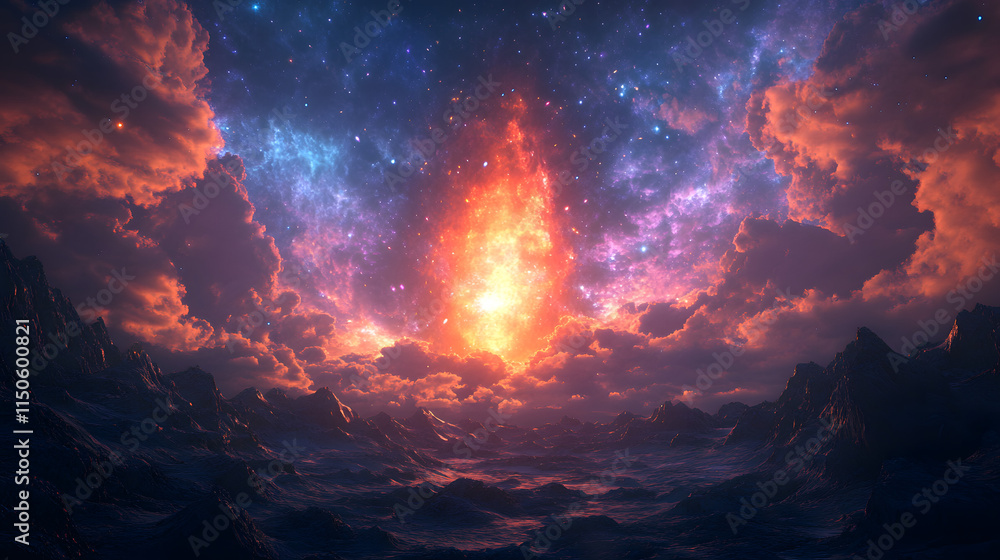 A glowing portal opening above a mysterious mountain range under a vibrant sky. A glowing portal opening above a mysterious mountain range under a vibrant sky.