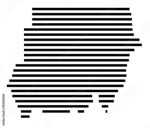 Abstract map of the Sudan showing the country with horizontal black lines