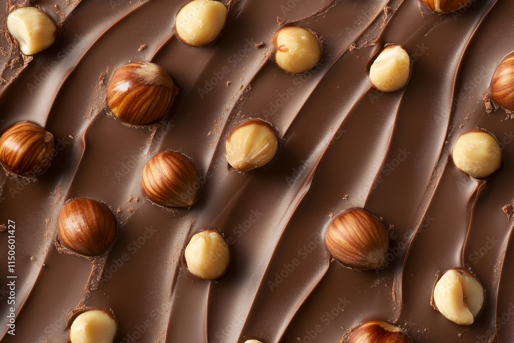 Fototapeta premium Hazelnut and chocolate spread full frameborder. Cocoa cream with whole hazelnuts background. Nut chocolate butter, paste top view. Food backdrop. Melted chocolate cream and nuts kernels