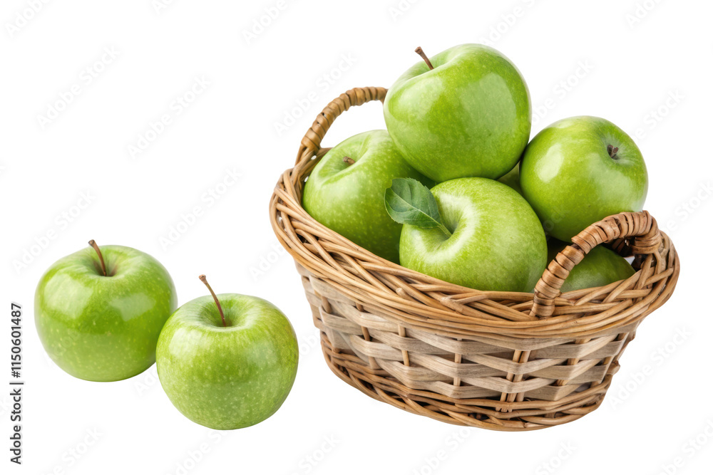 Green apples in a basket on white, cut out - stock png. Green apples in a basket on white, cut out - stock png.
