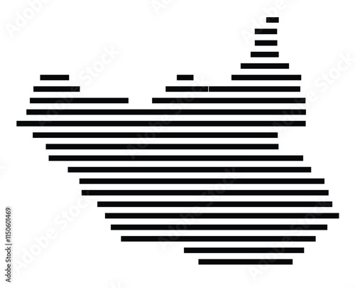 Abstract map of South Sudan showing the country with horizontal black lines