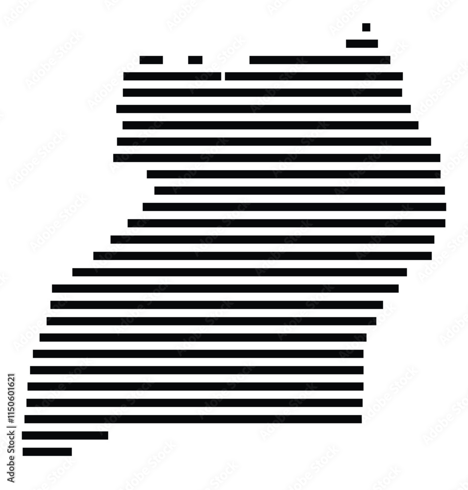 Abstract map of Uganda showing the country with horizontal black lines Abstract map of Uganda showing the country with horizontal black lines