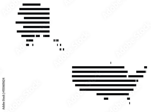 Abstract map of the United States of America + Alaska showing the country with horizontal black lines