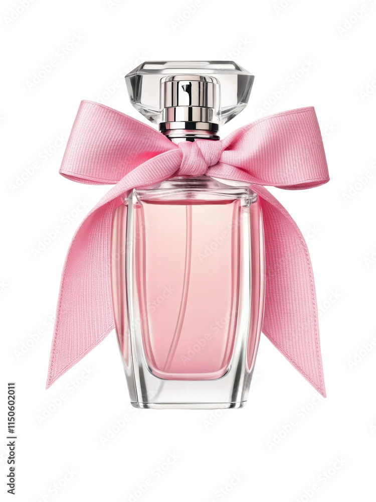 Elegant perfume bottle with pink ribbon detail, cut out - stock png. Elegant perfume bottle with pink ribbon detail, cut out - stock png.