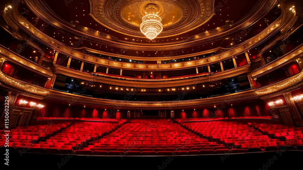 Fototapeta premium Elegant Theater Auditorium Red Seats Golden Accents