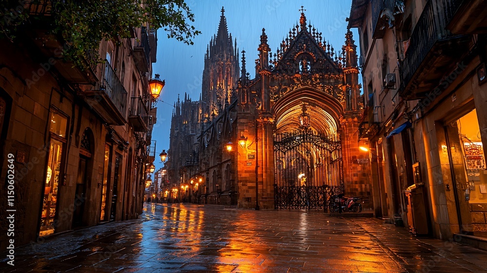 Fototapeta premium Gothic cathedral at night, rain reflecting on wet cobblestone street.