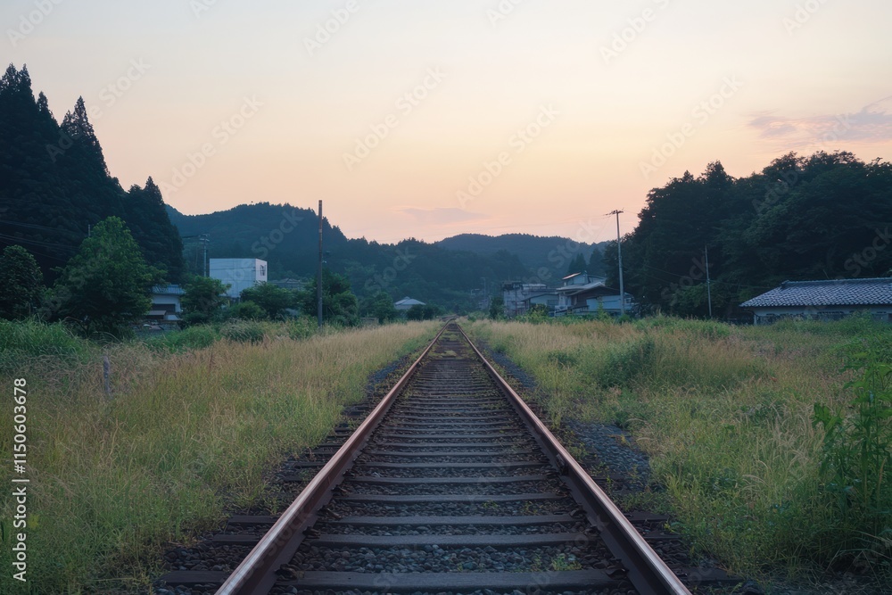 Fototapeta premium Rural Train Tracks at Sunset Overrolling Hills
