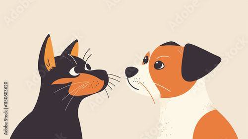 Cute Cartoon Cat and Dog in Flat Vector Illustration