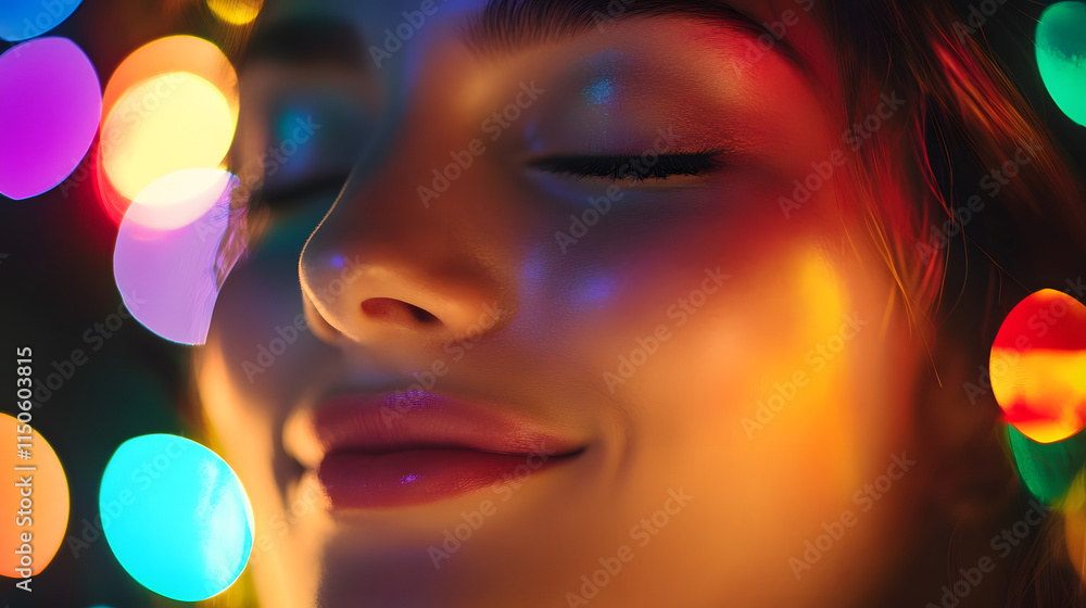 A joyful face with closed eyes softly illuminated by colorful festival lights. A joyful face with closed eyes softly illuminated by colorful festival lights.