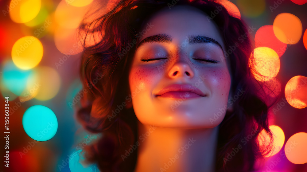 A joyful face with closed eyes softly illuminated by colorful festival lights. A joyful face with closed eyes softly illuminated by colorful festival lights.