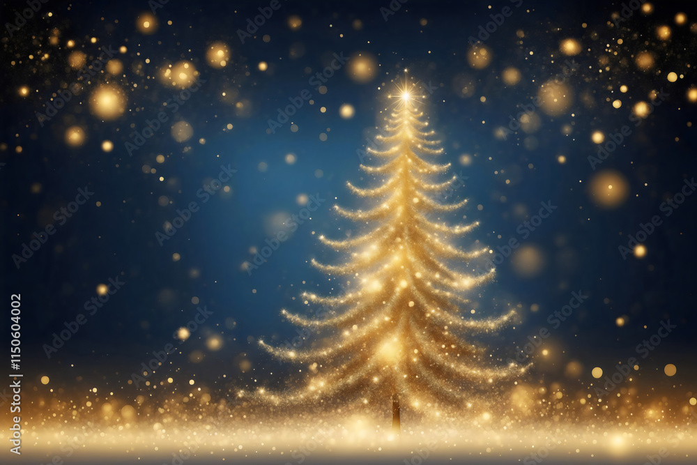 A shimmering golden stardust Christmas tree adorned with lights, glitter style scene, set against a dreamy blue bokeh light background, New Year decor, evoking festive cheer, illustration, wallpaper A shimmering golden stardust Christmas tree adorned with lights, glitter style scene, set against a dreamy blue bokeh light background, New Year decor, evoking festive cheer, illustration, wallpaper