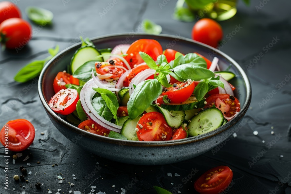 fresh salad with cherry tomatoes, sliced cucumbers, basil and onions on dark background fresh salad with cherry tomatoes, sliced cucumbers, basil and onions on dark background