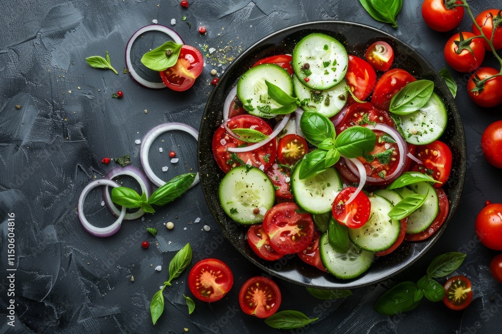 fresh salad with cherry tomatoes, sliced cucumbers, basil and onions on dark background fresh salad with cherry tomatoes, sliced cucumbers, basil and onions on dark background