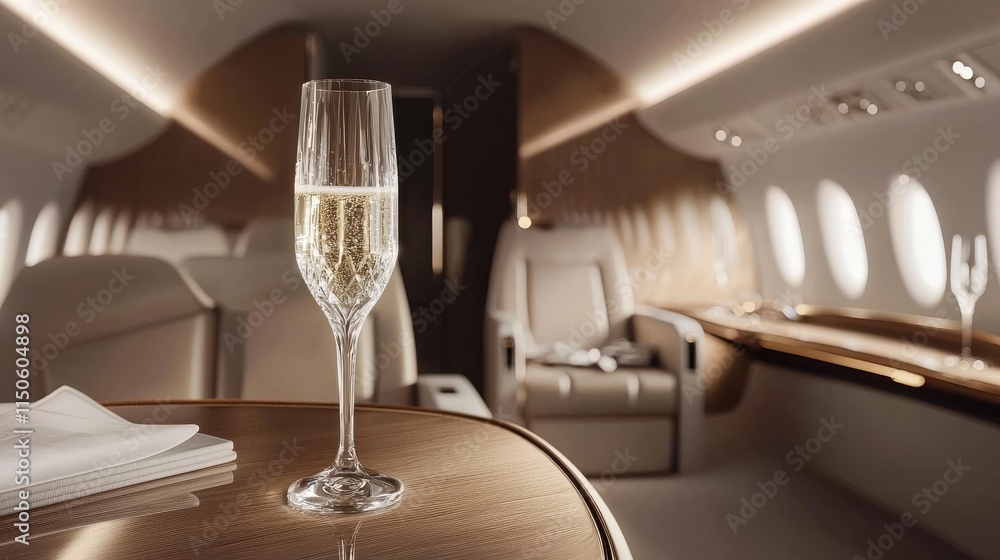 Champagne service in first-class cabin luxury aircraft travel experience elegant environment aesthetic view quiet indulgence Champagne service in first-class cabin luxury aircraft travel experience elegant environment aesthetic view quiet indulgence