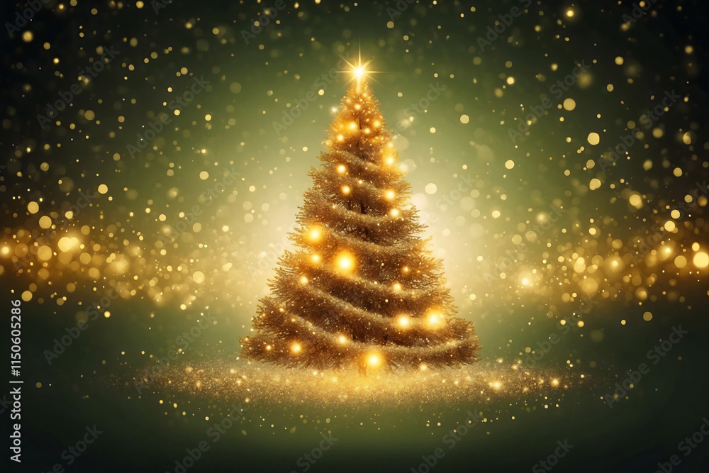 Festive abstract gold glitter particles Christmas tree with starlight, tinsel dust and xmas lights, swirling, twinkling stars and bokek light on green background, magical New Year wallpaper Festive abstract gold glitter particles Christmas tree with starlight, tinsel dust and xmas lights, swirling, twinkling stars and bokek light on green background, magical New Year wallpaper