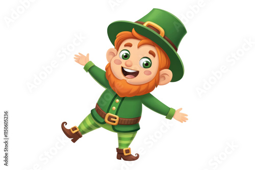 Cheerful leprechaun in green outfit celebrates joy, cut out - stock png. photo