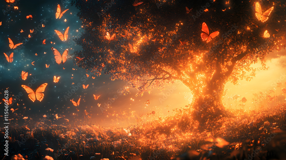 A magical meadow filled with glowing butterflies and a radiant celestial tree. A magical meadow filled with glowing butterflies and a radiant celestial tree.