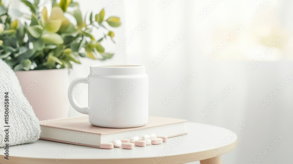 Serene Reading Nook with Magnesium Glycinate Supplements, Herbal Tea, and Book for Relaxation and Self-Care Serene Reading Nook with Magnesium Glycinate Supplements, Herbal Tea, and Book for Relaxation and Self-Care