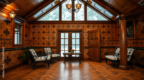 A richly decorated interior features dark wood paneling, patterned walls, a hardwood floor, French doors, and two armchairs.  A chandelier hangs from a high, gabled ceiling with a large window.