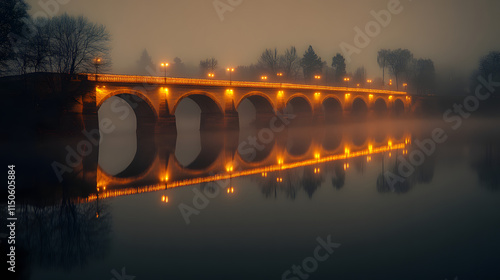 A majestic bridge glowing with golden lights its arches mirrored perfectly in the calm river below. photo