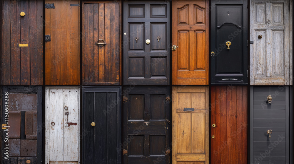 Wooden doors set isolated on transparent background. Vector realistic illustration of modern doorway with black, brown, white wood texture, golden and silver metal doorknob, interior design element Wooden doors set isolated on transparent background. Vector realistic illustration of modern doorway with black, brown, white wood texture, golden and silver metal doorknob, interior design element