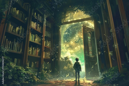 A young boy stands in front of a large open door in a library