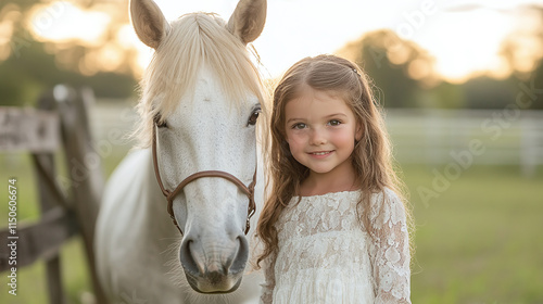 Little girl happy kid or child with horse at a farm, enjoying friendship with cute animal on a ranch during summer, joyful in the countryside. photo