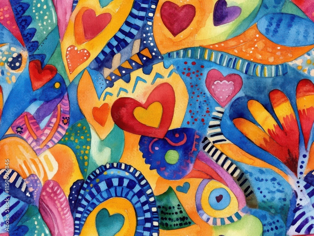 Valentine’s hearts embraced the boho and tribal style. Colorful abstract pattern with hearts and vibrant shapes. Valentine’s hearts embraced the boho and tribal style. Colorful abstract pattern with hearts and vibrant shapes.
