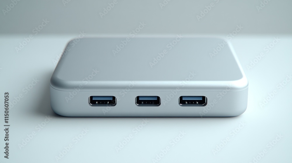 Silver metallic rectangular device with three USB ports. Silver metallic rectangular device with three USB ports.