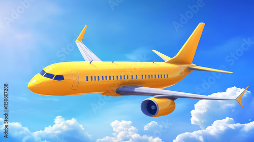 3d yellow airplane flying on blue sky landscape background with cloud, vector illustration, Realistic banner with blank passenger jet flight, bottom view, aviation concept or vacation trip ads mockup
