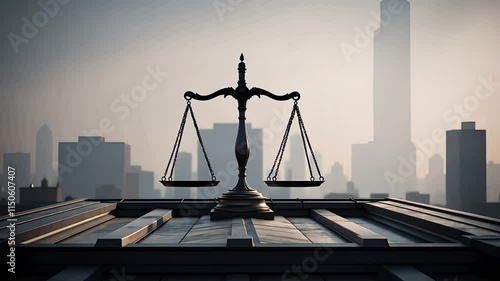 Scales of Justice Silhouette on Rooftop with Urban Cityscape and High-Rise Buildings in a Foggy Morning Scene

 photo