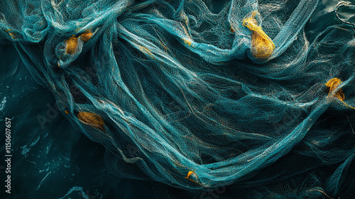 Top view of a fishing net spread out, a tool used by fisherman to catch fresh food from the sea or ocean water, blending sport and nature. photo