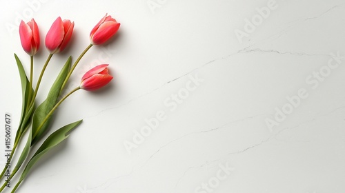 Pink tulips on white marble background.