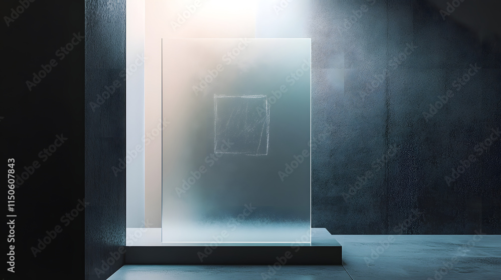 A minimalist partition with a glowing hand-drawn symbol etched into frosted acrylic. A minimalist partition with a glowing hand-drawn symbol etched into frosted acrylic.