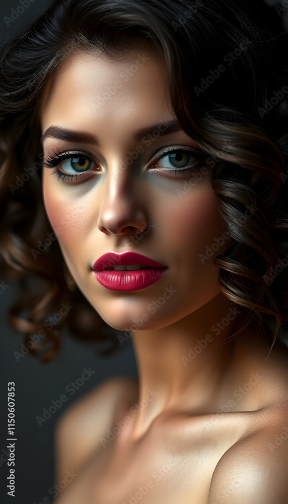 Beautiful brunette model with volume curls, classic makeup and sexy lips. The beauty of the face. Portrait shot in the studio, mindfulness theme, with white tones Beautiful brunette model with volume curls, classic makeup and sexy lips. The beauty of the face. Portrait shot in the studio, mindfulness theme, with white tones