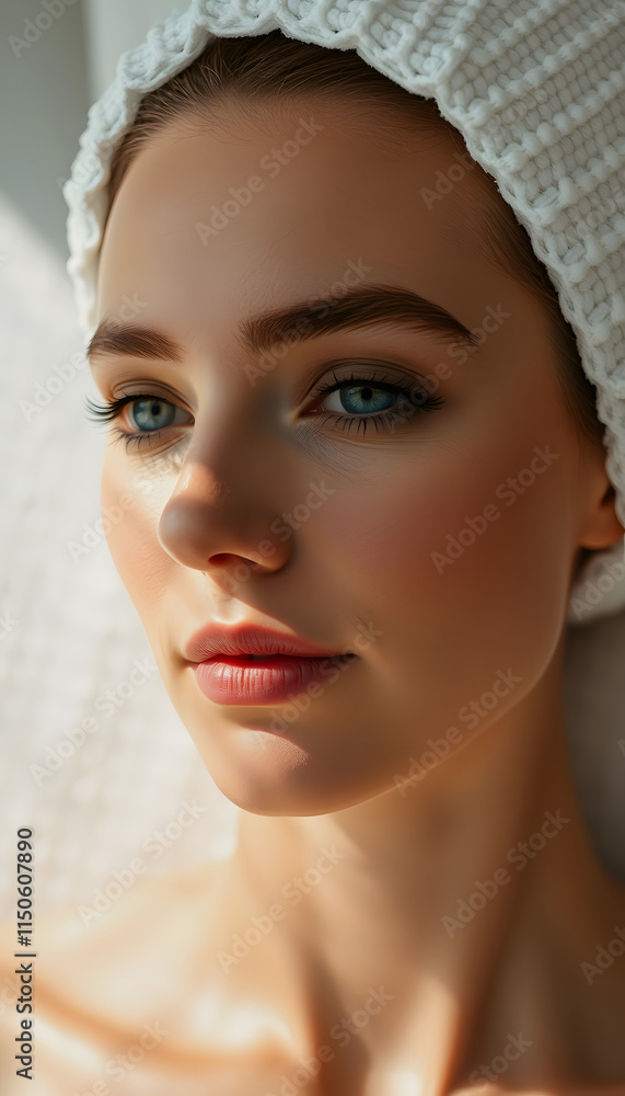 Fototapeta premium Beautiful female face in honeycombs. Spa concept, Diffused lighting, with white tones